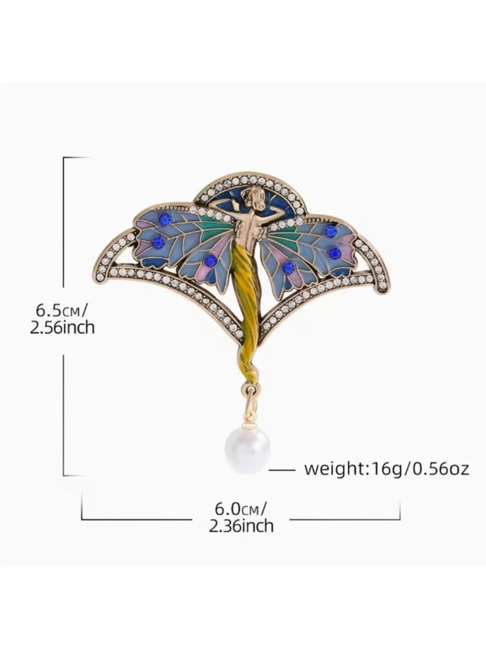 Art Nouveau Style Butterfly Lady Brooch Enamel & Crystal Gold Tone - Picture 3 of 3
